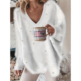 Plus Size - Women'S Asymmetrical V-Neck Geometric Sweater - Soft Pastel Winter Pullover with Trim, Cozy Casual Sweater for Everyday & Semi-Formal Outfits, Relaxed Fit Layering Piece, Easy-Care Durable Design