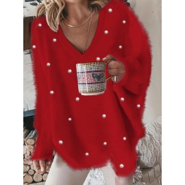 Plus Size, New Fall Winter Plus Size Women's V-Neck Beaded Sweater - Solid Color Top with Bead Accent Asymmetrical Collar, Cozy Winter Pullover for Casual & Dressy Outfits, Hand Washable (Immediate Shipment)