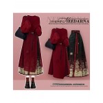 Plus Size - New Chinese Style Outfit Set for Women | Fashionable Sweater with National Style Elegant Mamian Skirt Two-Piece Set, Spring Season, Solid Color, Long Sleeve, Crew Neck