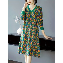 Plus Size - Plus Size Women'S V-Neck Sweater Dress | Mid-Length, Geometric Pattern, Stretchy Fabric, Regular Fit for Fall/Winter, Ideal for Office and Party Wear