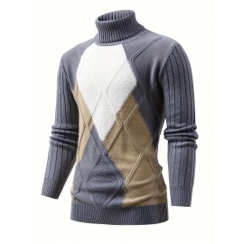 Men'S New Color-Blocked High-Neck Long-Sleeve Retro College-Style Knitted Base Layer for Casual Autumn And Winter