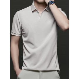 Men's Summer Short-Sleeve Collar Knit Shirt - Breathable V-Notch Blouse, Machine-Washable Casual & -Casual Tunic Top, Color-Blocking Trim (Short T) for Spring/Summer - In Stock 2518