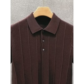 Luxury Knit Short Sleeve Polo Shirt for Men | Summer New Solid Color Lapel Collar Casual Tops, Button Details, Regular Fit