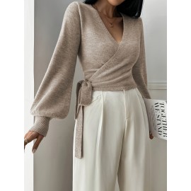 100% Wool Women's Elegant V-Neck Cardigan with Adjustable Tie Waist- Beige Long Sleeve Sweater, Lightweight Casual to Semi-Formal Outerwear for Spring