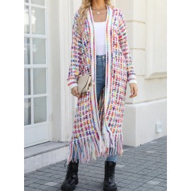 Women'S Elegant Fringe Long Cardigan - Non-Stretchy Loose Fit Winter Coat with Tassel Trim, Friendly, Belted Waist, Fall/Winter Outerwear for Everyday & Formal