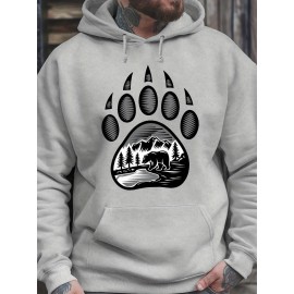 Plus-Size Men'S 3D Digital Print Bear Paw & Forest Graphic Hooded Sweatshirt - with Wildlife Design, Casual Long Sleeve Pullover, Regular Fit for Outdoor & Casual Attire, Nature-Inspired Men'S Fashion, Plus Size