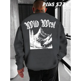 Men'S Plus Size Sweatshirt | Western Forest Print, Casual Street Style, Long Sleeve, Crew Neck, Regular Fit for Autumn-Winter