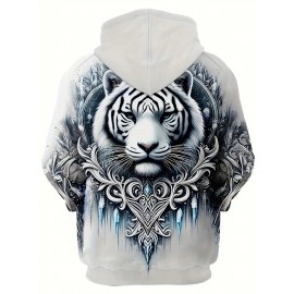 Men'S 3D Ice And Snow World Hoodie Featuring a White Tiger Design - a Long-Sleeve Casual Pullover with Drawstring Pockets, Adorned with Nature-Inspired Decorations And High-Quality Detailed Prints, Made from Machine-Washable Fabric, Plus Size