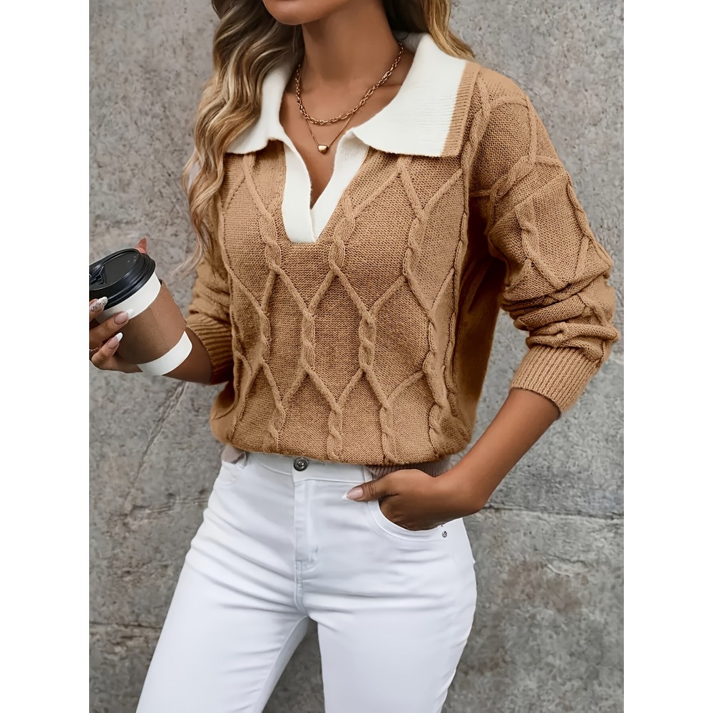 Plus Size - Plus Size Miye Sweater | Fall/Winter Color Block Turn- Collar Elegant Fashion Women'S Pullover Long Sleeve with Rib- Details