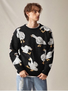 Men's Trendy Cute Pattern Animal Goose Pullover Casual Couple Street Round Neck Sweater Knitwear Warm